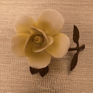 Capodimonte Vintage Porcelain Light Yellow Rose on Antique Brass Leaves/Stem